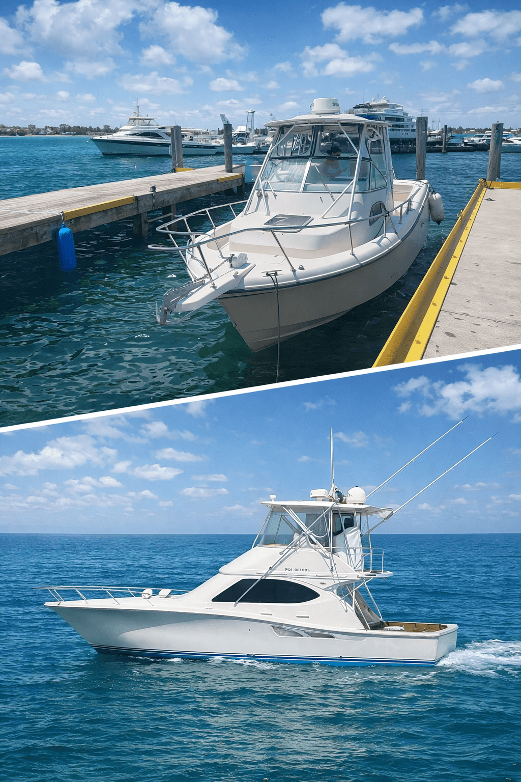 Petit bateau blanc amarré au quai et grand yacht naviguant sur une mer bleue.