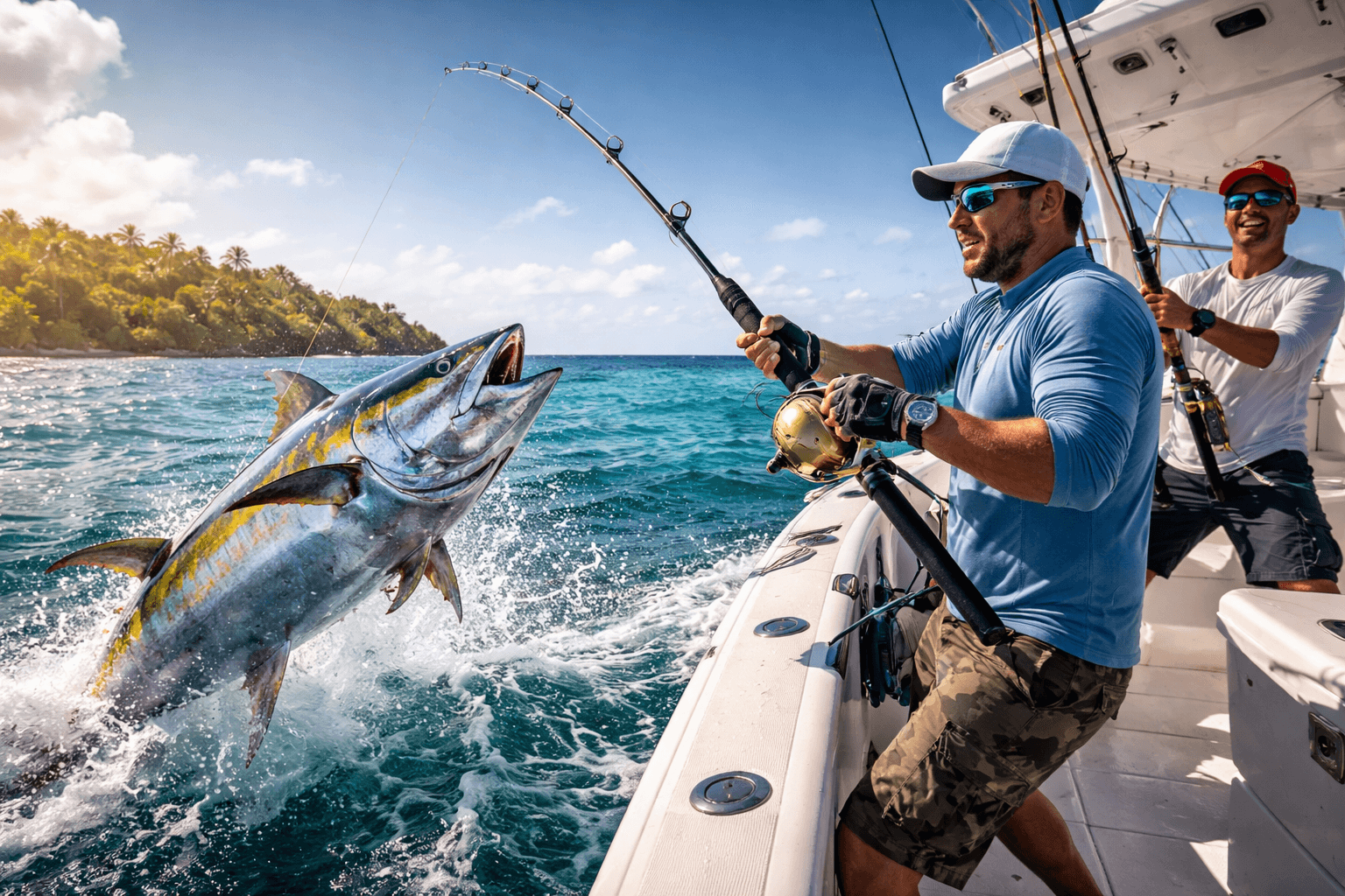 Pêcheur sur un bateau capturant un thon jaune géant sautant hors de l'eau turquoise.