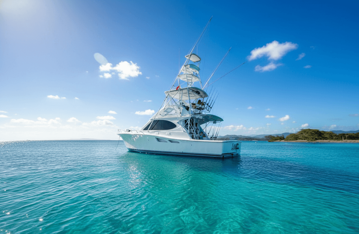 Yacht de pêche blanc sur une mer turquoise cristalline sous un ciel bleu dégagé.