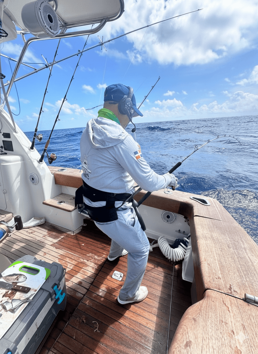 Pêcheur sur un bateau luttant avec une canne à pêche courbée en pleine mer.