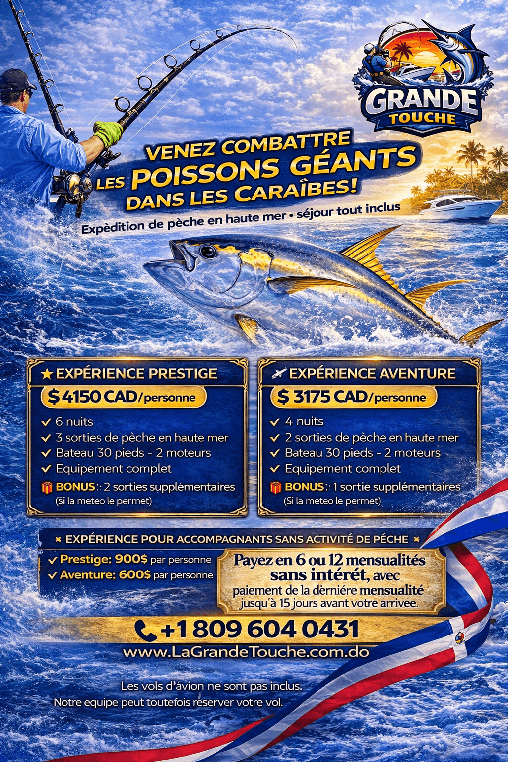 Publicité de pêche aux Caraïbes montrant un thon géant et des options de forfaits.
