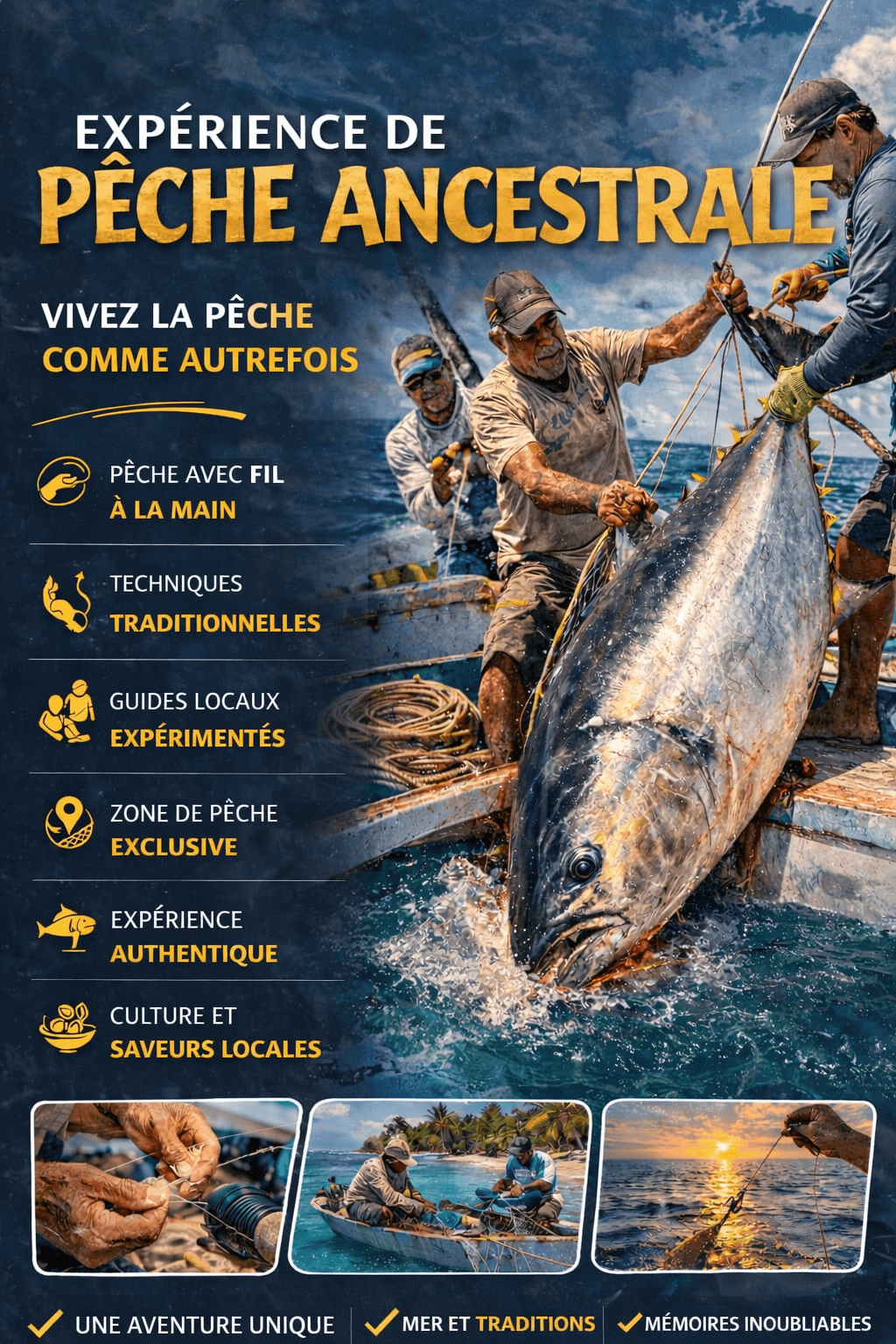 Pêcheurs traditionnels remontant un thon géant sur un bateau pour une expérience de pêche ancestrale.